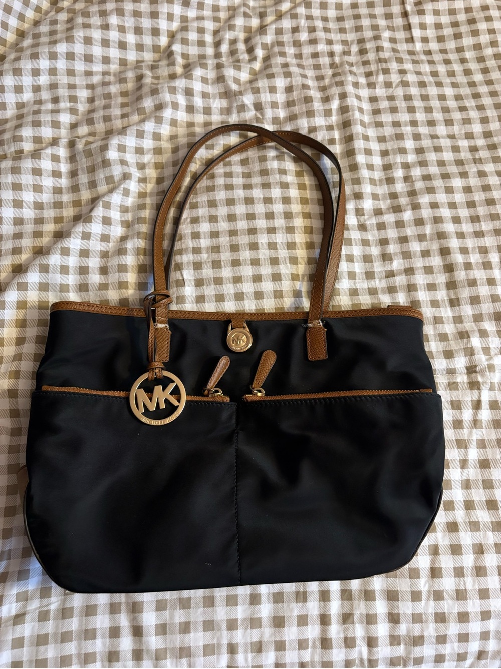 Michael Kors Black Nylon Shoulder Tote with Brown Leather Trim